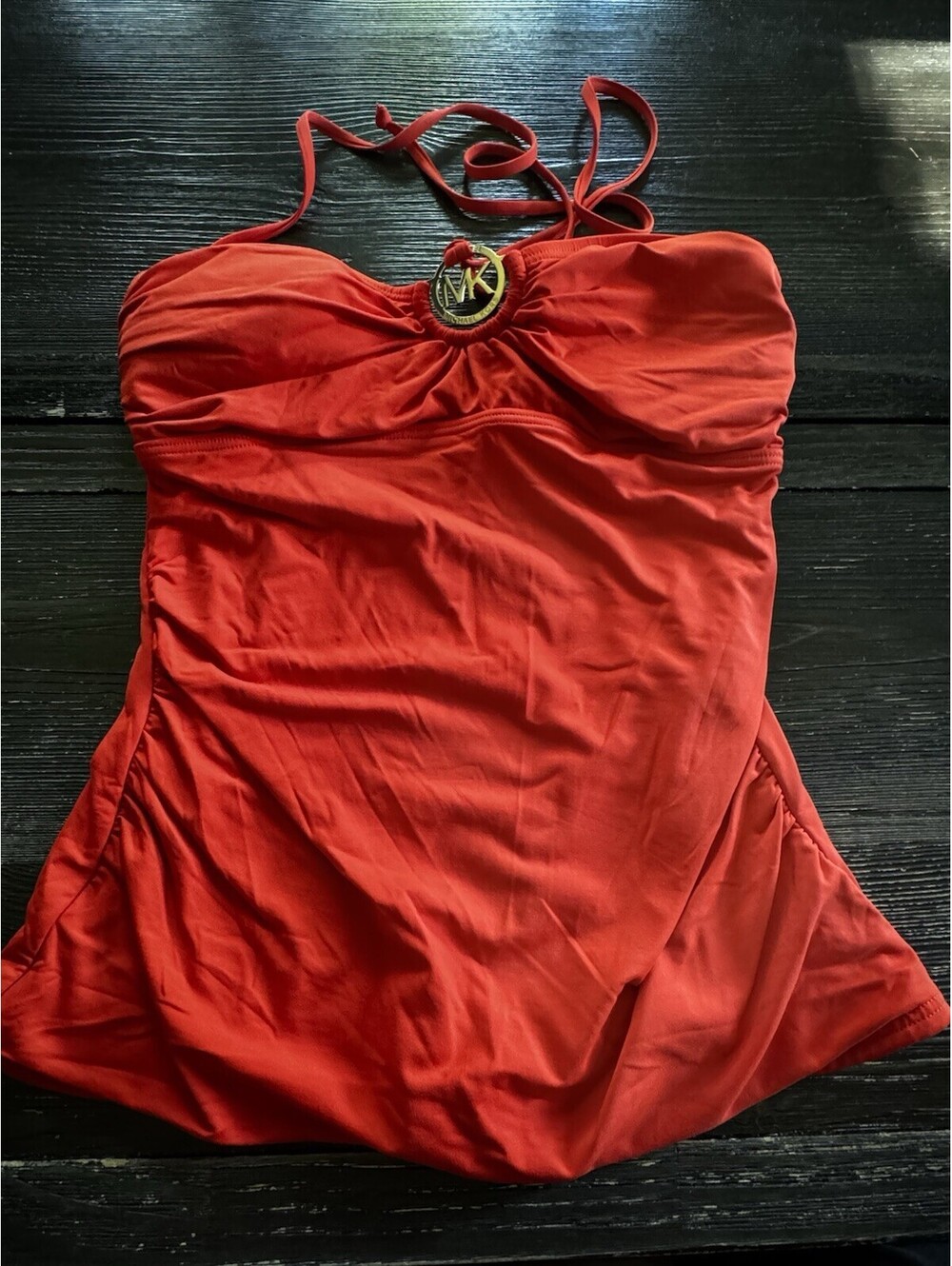 Michael Kors Tankini Swim Top Red Halter Ruched Logo Hardware Padded Size Small